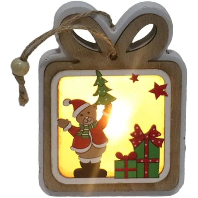 Ornament de Brad, Vivimall, cu Lumini LED, din Lemn, Model Cadou, Multicolor