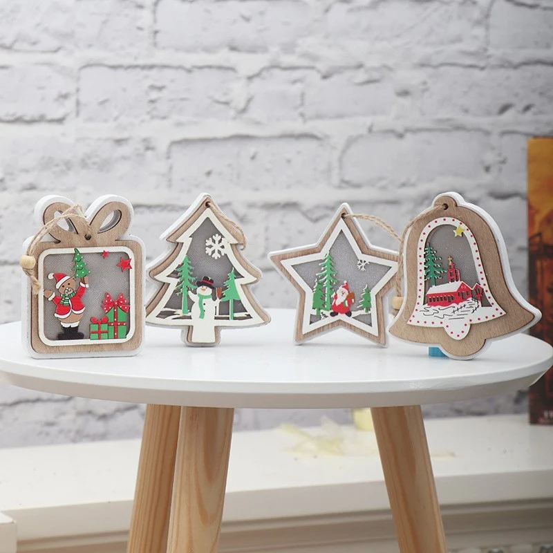 Ornament de Brad, Vivimall, cu Lumini LED, din Lemn, Model Cadou, Multicolor