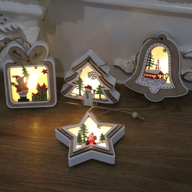 Ornament de Brad, Vivimall, cu Lumini LED, din Lemn, Model Cadou, Multicolor