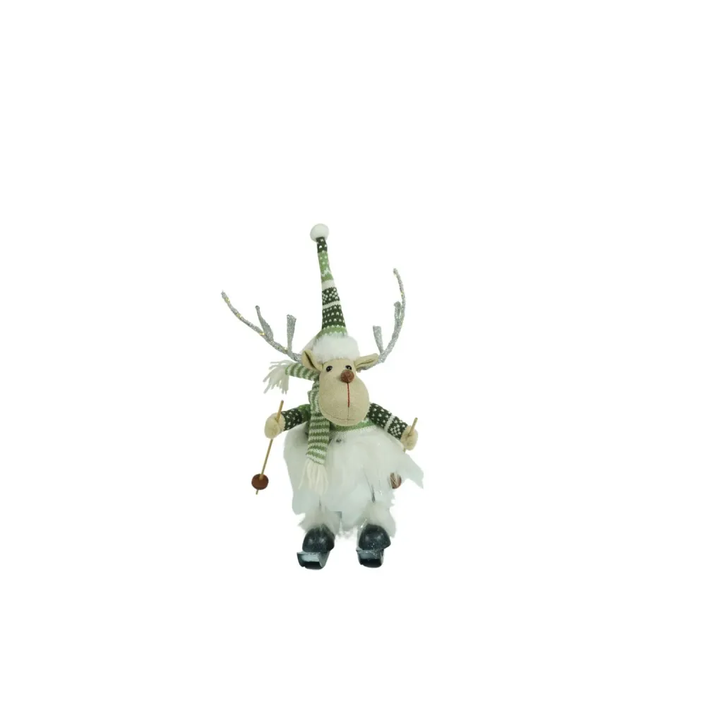 Ornament de Craciun ren pe schiuri model 2, Vivimall, alb/verde, textil, 33 cm