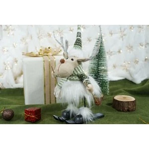 Ornament de Craciun ren pe schiuri model 2, Vivimall, alb/verde, textil, 33 cm