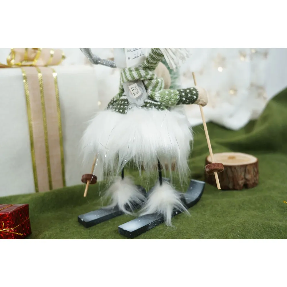 Ornament de Craciun ren pe schiuri model 2, Vivimall, alb/verde, textil, 33 cm