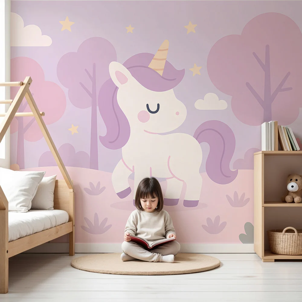 Papel de parede copii | Unicorn încântat într-un peisaj fermecător