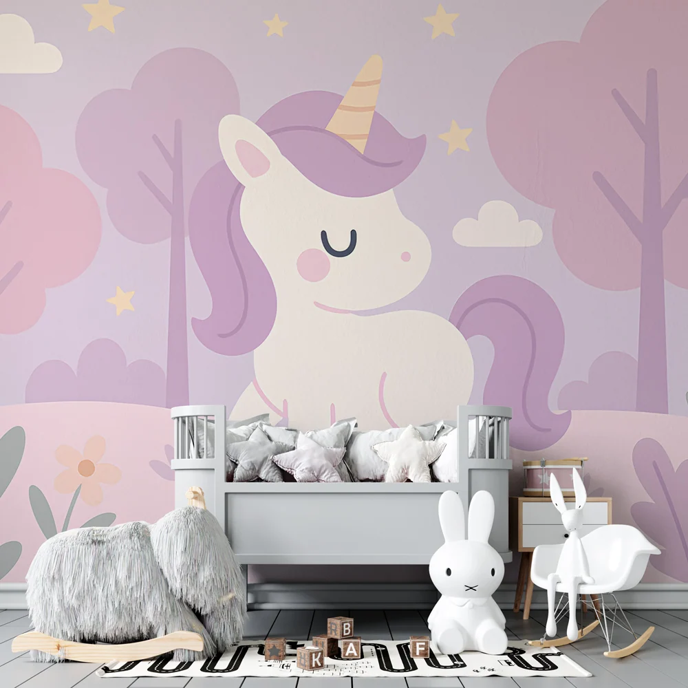 Papel de parede copii | Unicorn încântat într-un peisaj fermecător