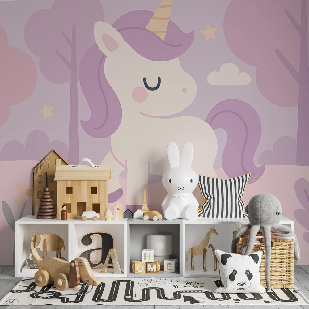 Papel de parede copii | Unicorn încântat într-un peisaj fermecător