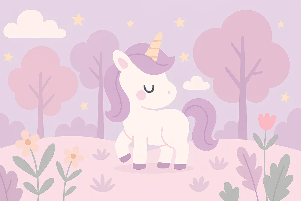 Papel de parede copii | Unicorn încântat într-un peisaj fermecător
