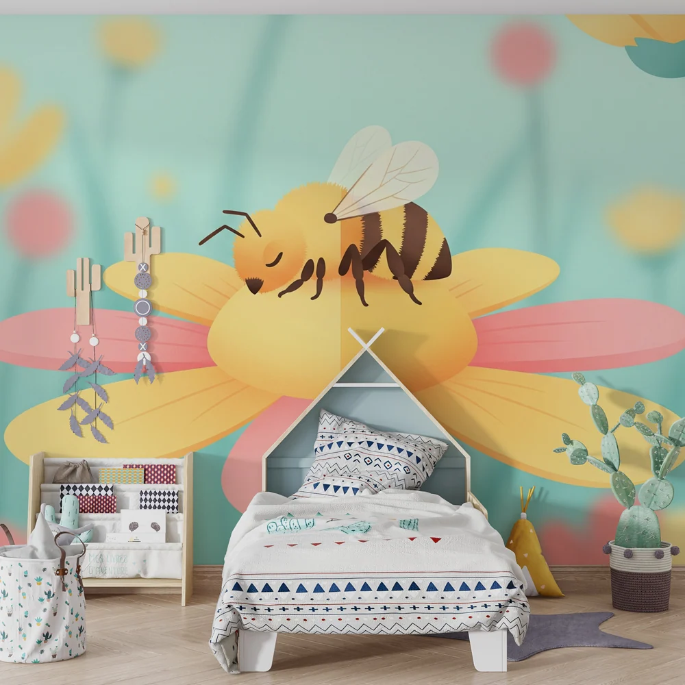 Papel de parede crianç | Abelha feliz em uma flor colorida