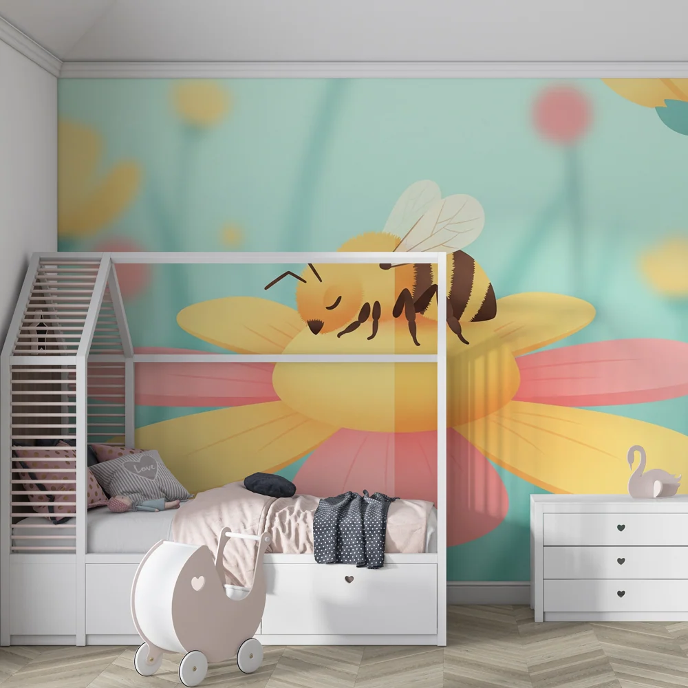 Papel de parede crianç | Abelha feliz em uma flor colorida