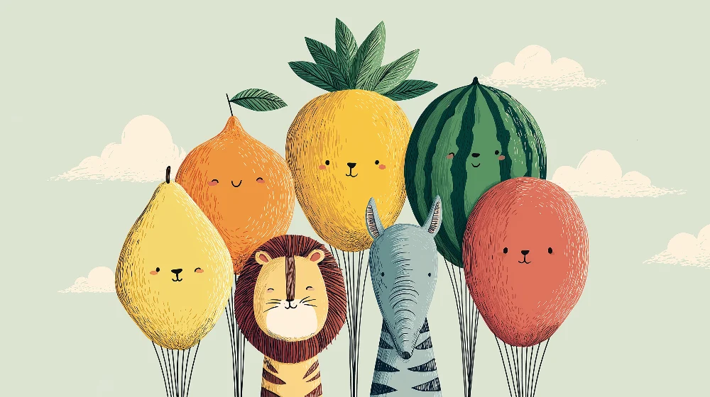 Papel de parede crianç | Animais e balões frutados
