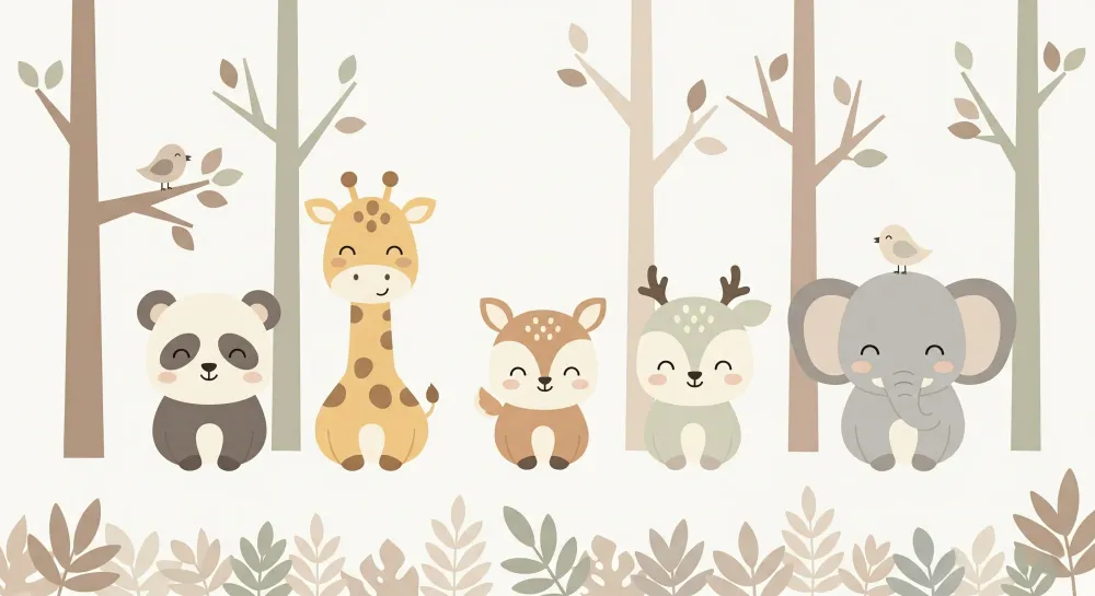 Papel de parede crianç | Animale drăguțe din pădure cu arbori
