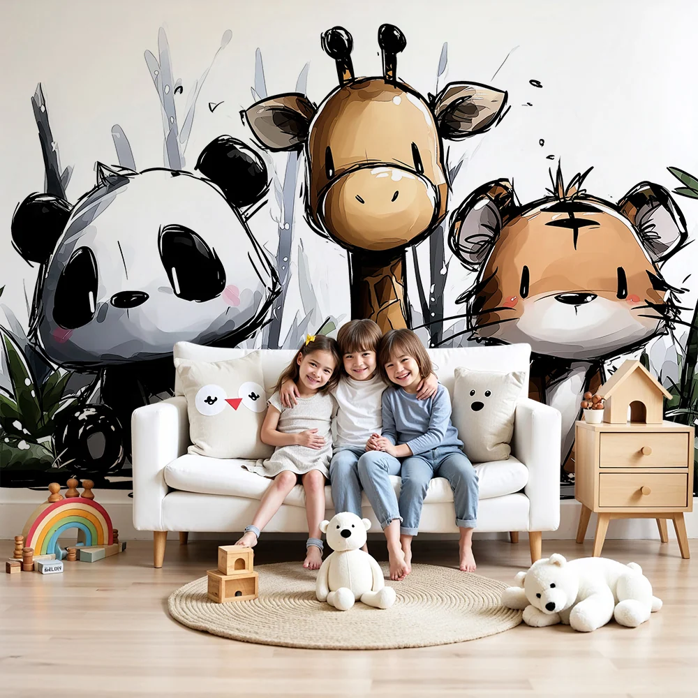 Papel de parede crianç | Animale drăguțe din junglă: panda, girafă și tigru