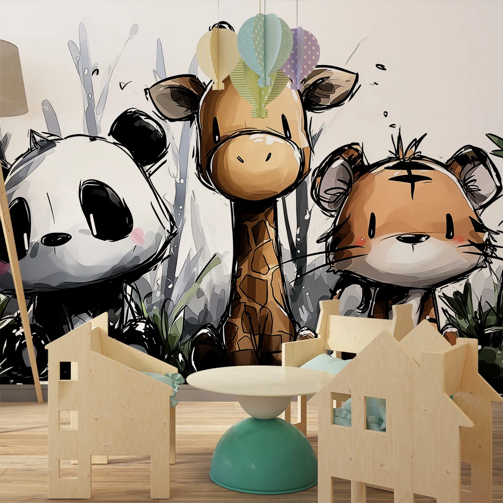 Papel de parede crianç | Animale drăguțe din junglă: panda, girafă și tigru