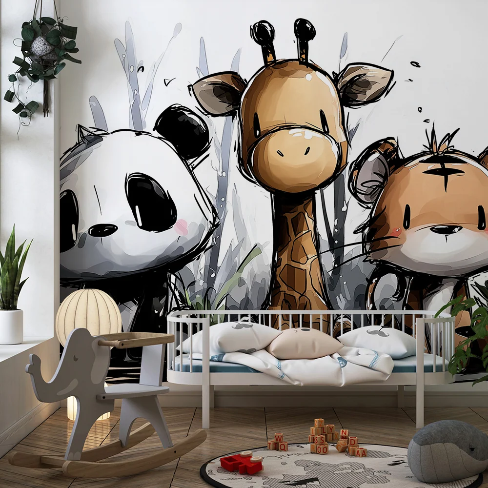 Papel de parede crianç | Animale drăguțe din junglă: panda, girafă și tigru