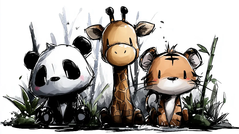 Papel de parede crianç | Animale drăguțe din junglă: panda, girafă și tigru