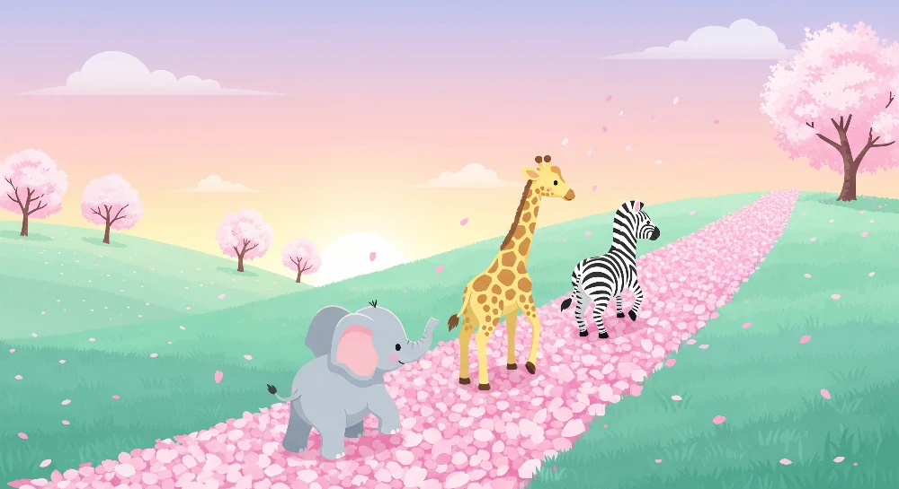 Papel de parede crianç | Animale drăguțe plimbându-se sub cireșii înfloriți