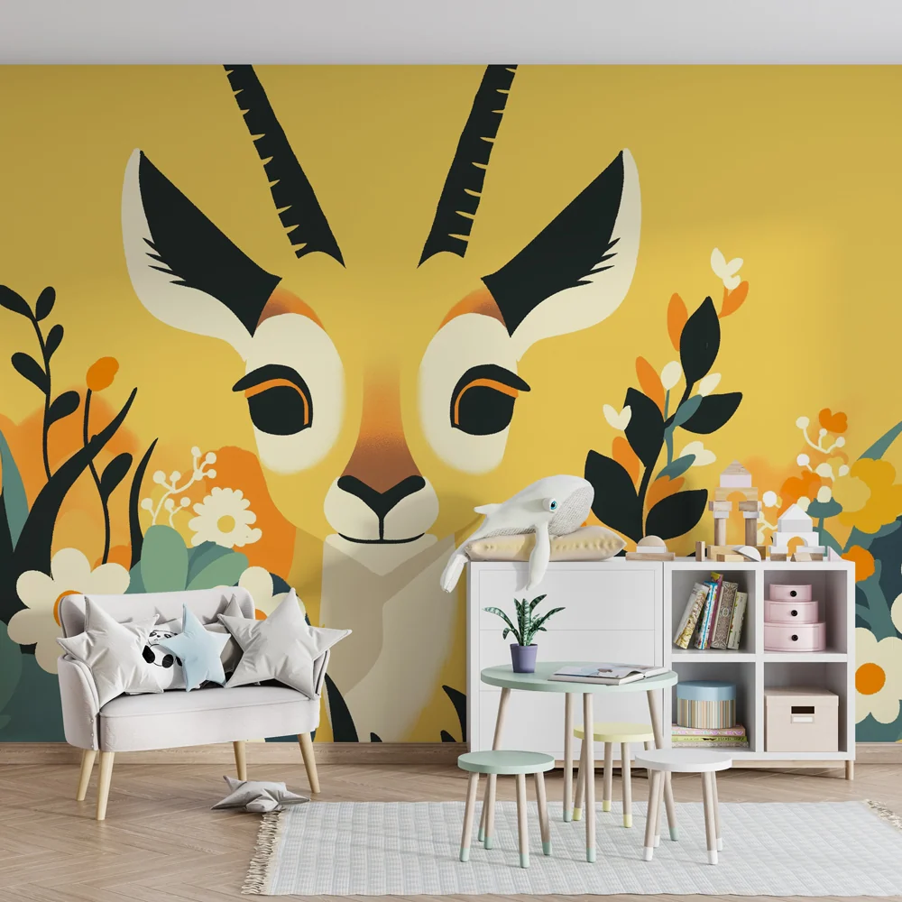 Papel de parede crianç | Antílope com flores coloridas