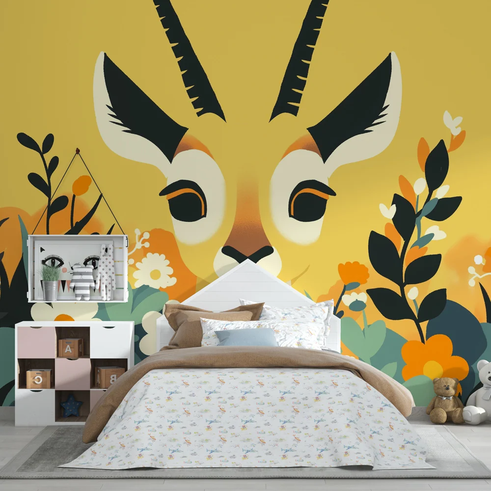 Papel de parede crianç | Antílope com flores coloridas