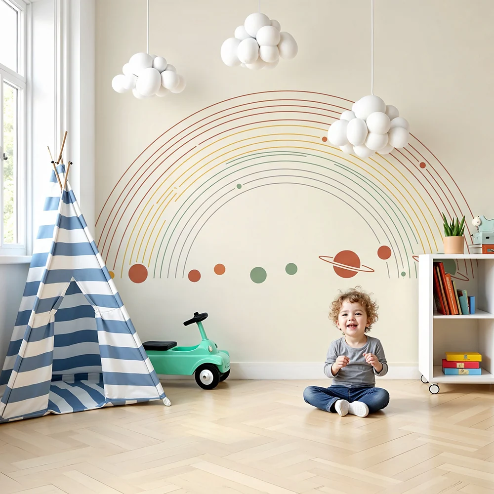 Papel de parede crianç | Arc-en-ciel minimalista cu planete colorate
