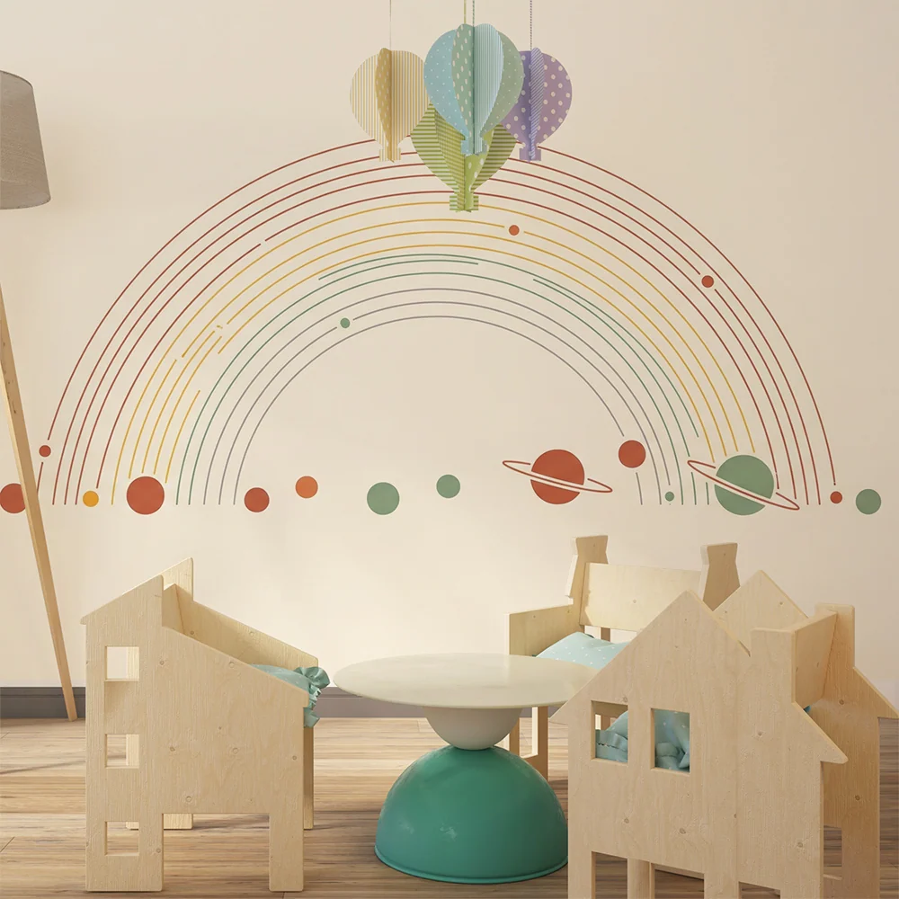 Papel de parede crianç | Arc-en-ciel minimalista cu planete colorate