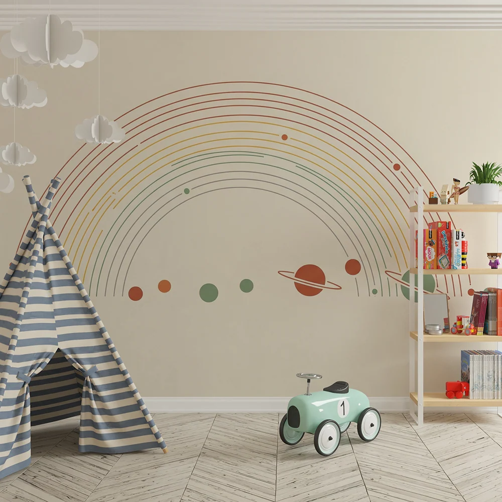 Papel de parede crianç | Arc-en-ciel minimalista cu planete colorate