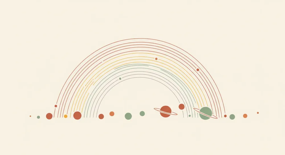 Papel de parede crianç | Arc-en-ciel minimalista cu planete colorate