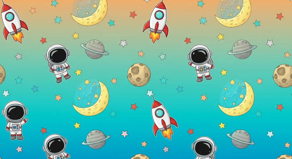 Papel de parede crianç | Astronauți și rachete într-un univers colorat