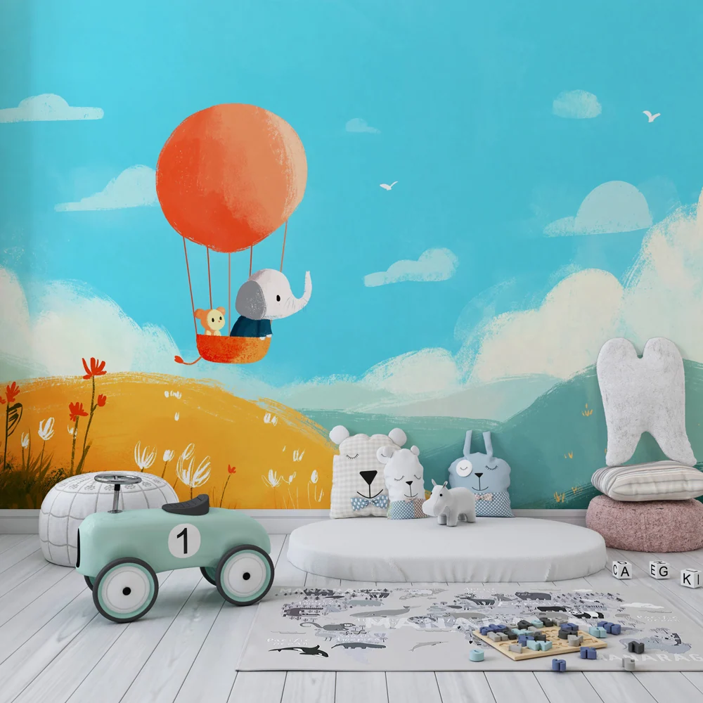 Papel de parede crianç | Aventură cu balon cu aer cald cu un elefant și un urs
