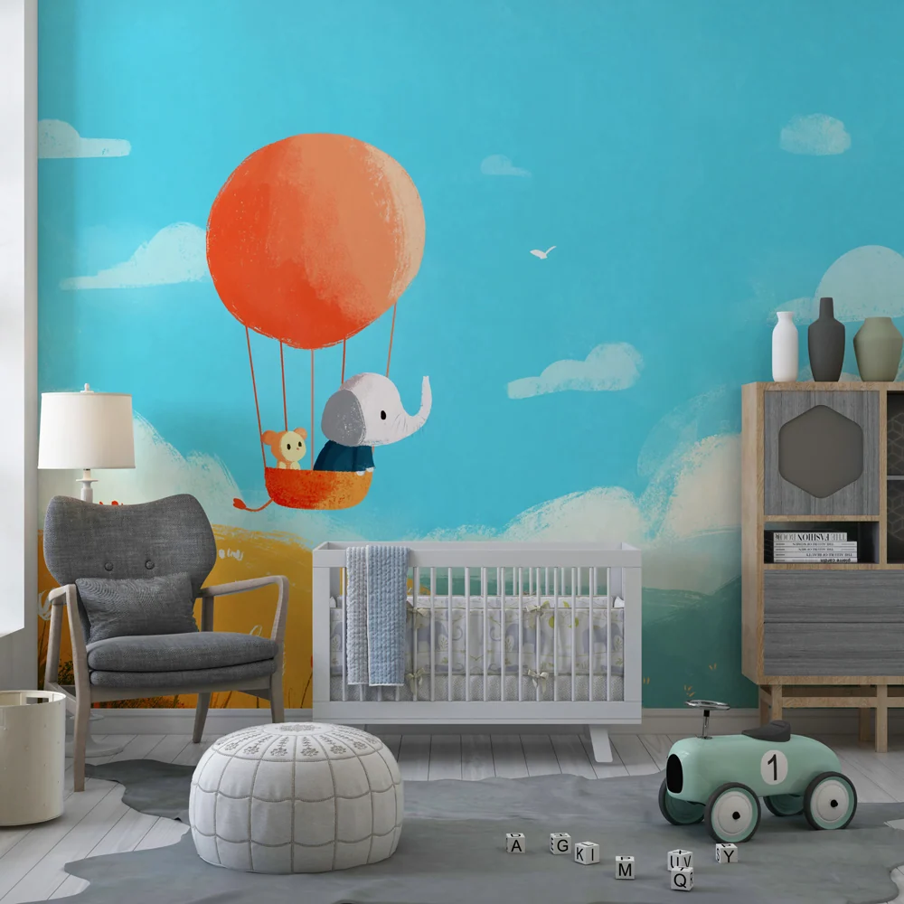 Papel de parede crianç | Aventură cu balon cu aer cald cu un elefant și un urs