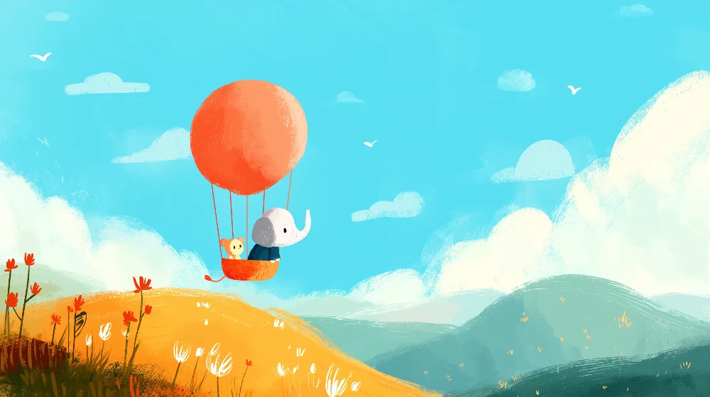 Papel de parede crianç | Aventură cu balon cu aer cald cu un elefant și un urs