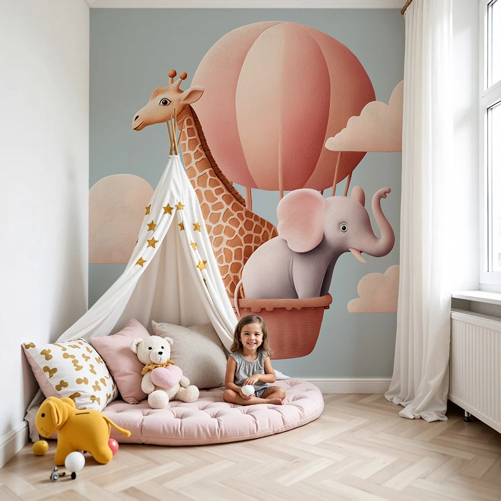 Papel de parede crianç | Aventură în balon cu girafă și elefant