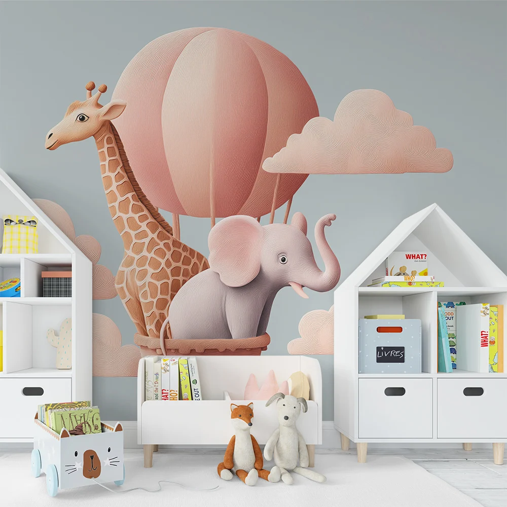 Papel de parede crianç | Aventură în balon cu girafă și elefant
