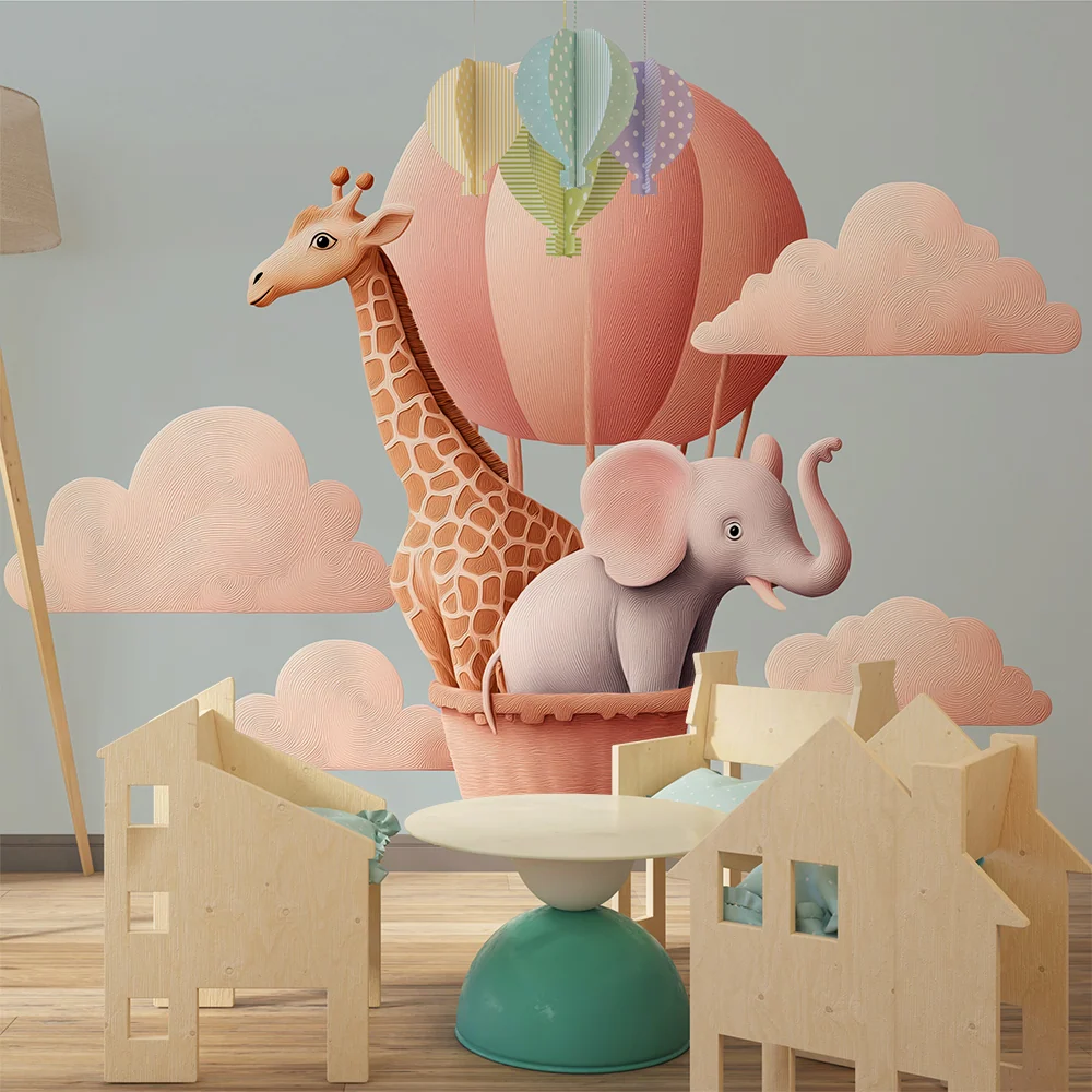 Papel de parede crianç | Aventură în balon cu girafă și elefant
