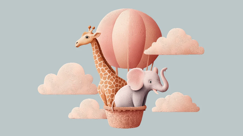 Papel de parede crianç | Aventură în balon cu girafă și elefant