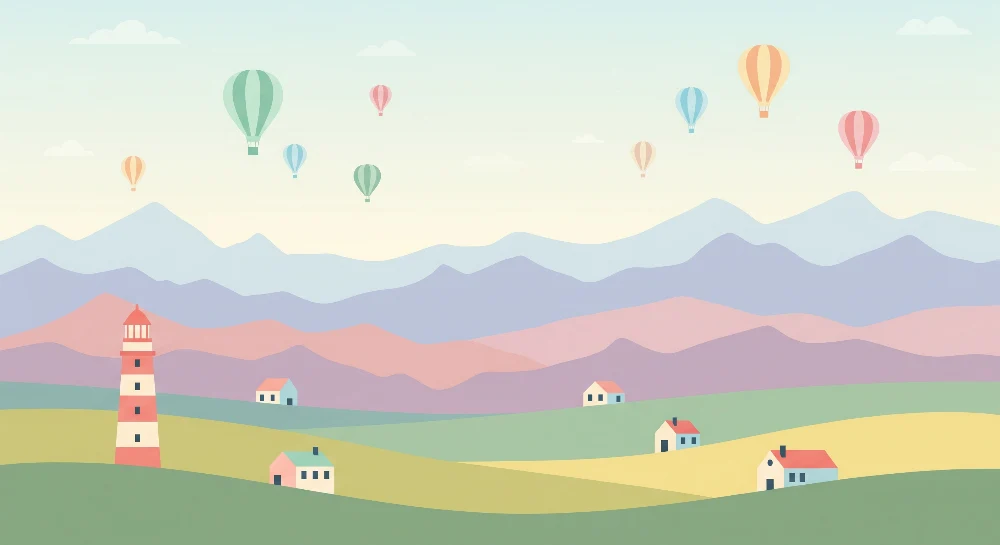 Papel de parede crianç | Balões coloridos e farol em uma paisagem tranquila
