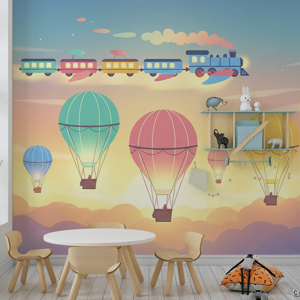 Papel de parede crianç | Balões coloridos e trem em um céu pastel