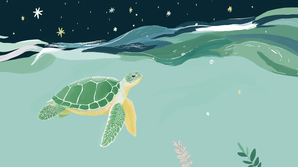 Papel de parede crianç | Broască țestoasă înotând sub stele într-un ocean liniștitor