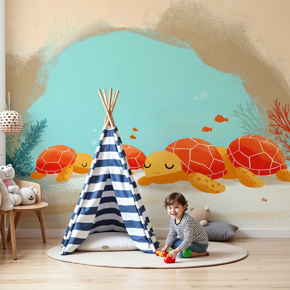 Papel de parede crianç | Broaște țestoase liniștite într-o decor subacvatic colorat
