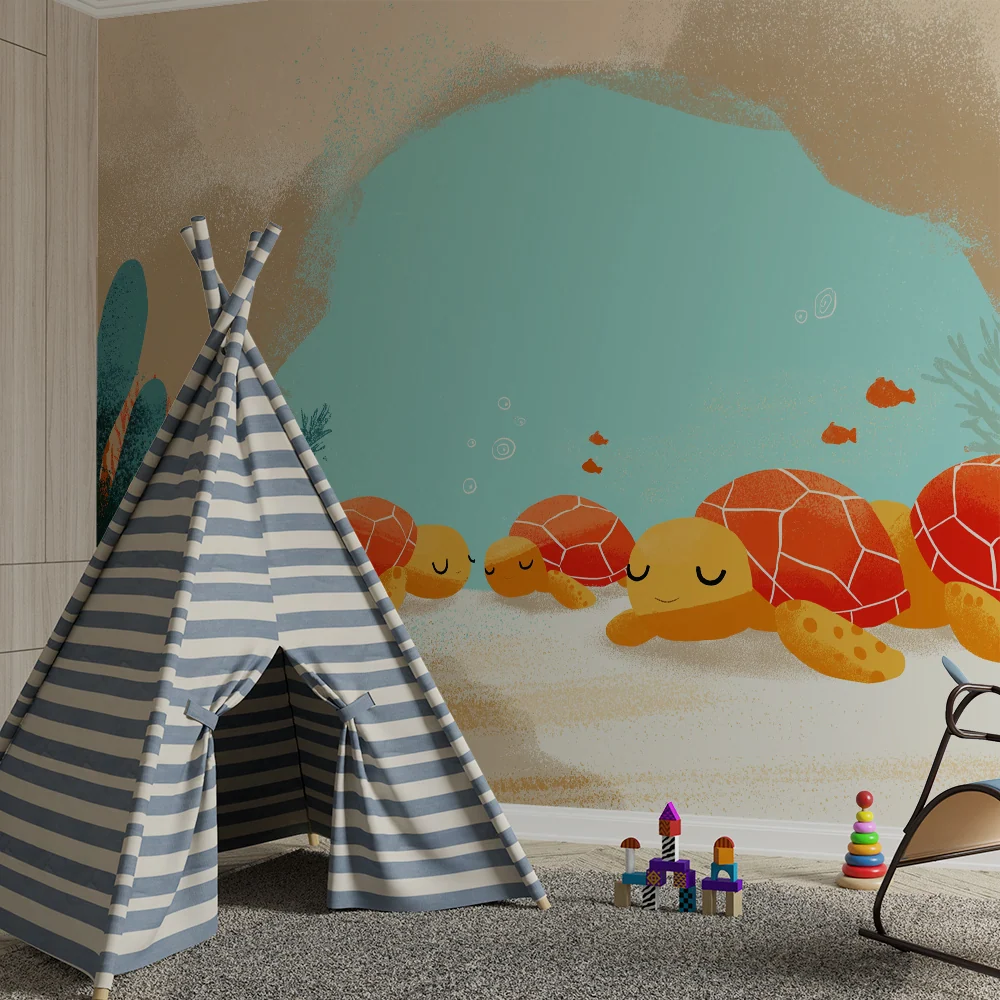 Papel de parede crianç | Broaște țestoase liniștite într-o decor subacvatic colorat