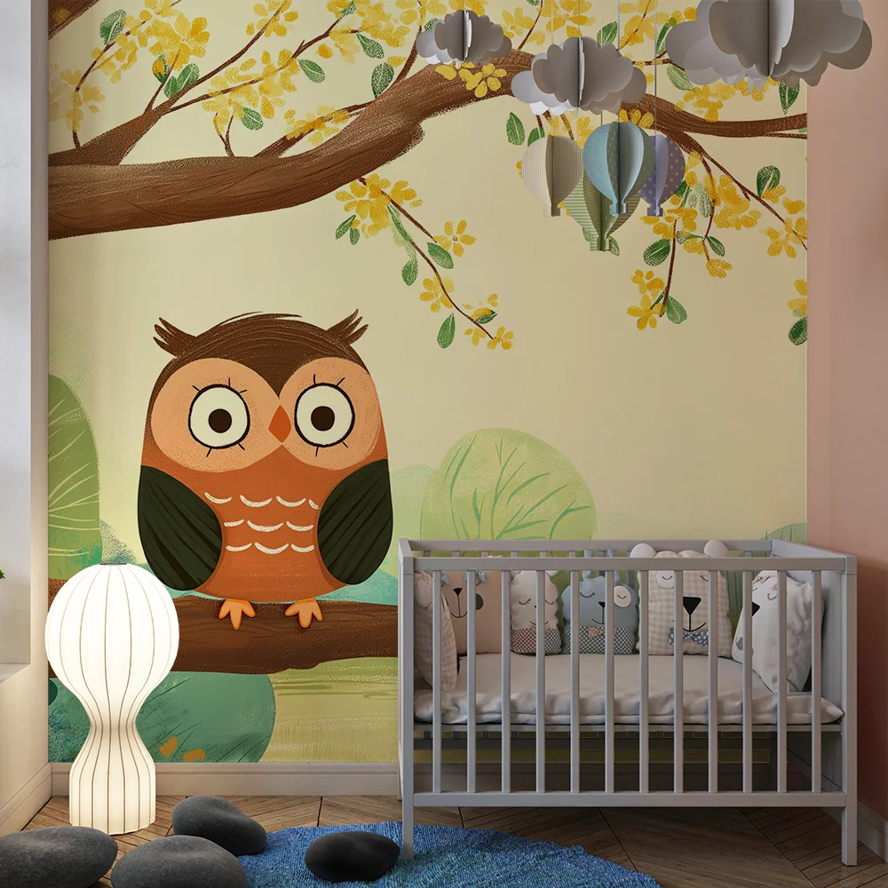 Papel de parede crianç | Buho adorabil șezat pe o ramură înflorită