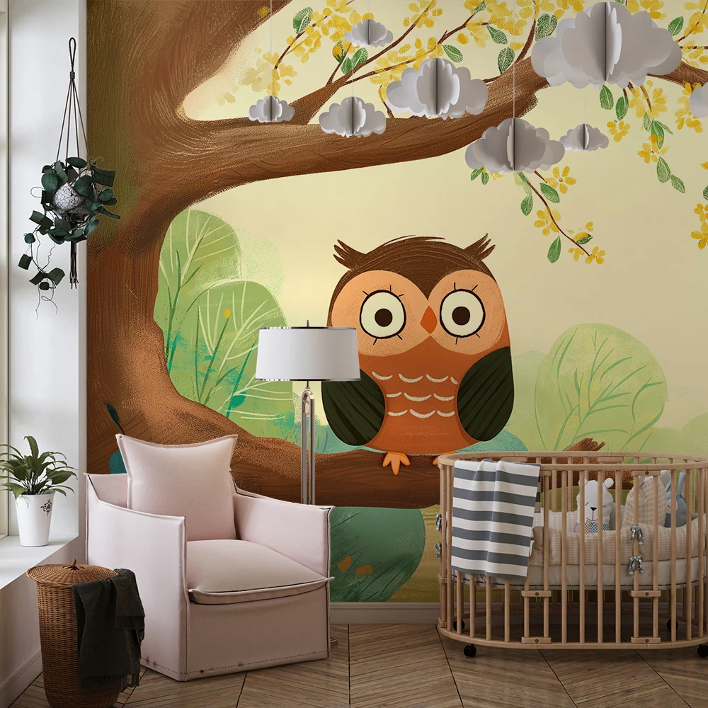 Papel de parede crianç | Buho adorabil șezat pe o ramură înflorită
