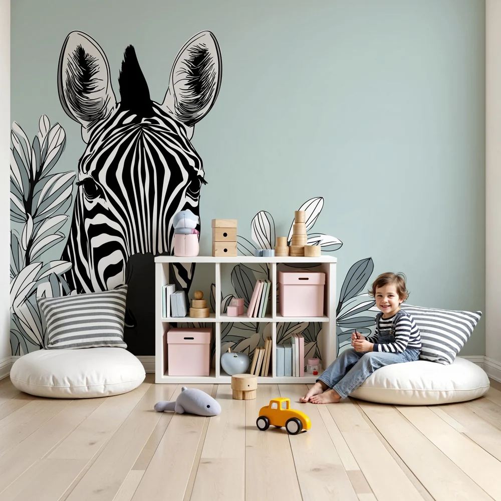 Papel de parede crianç | Cabeç de zebra e folhagem elegante