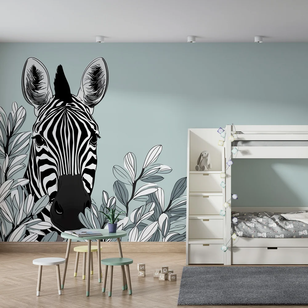 Papel de parede crianç | Cabeç de zebra e folhagem elegante