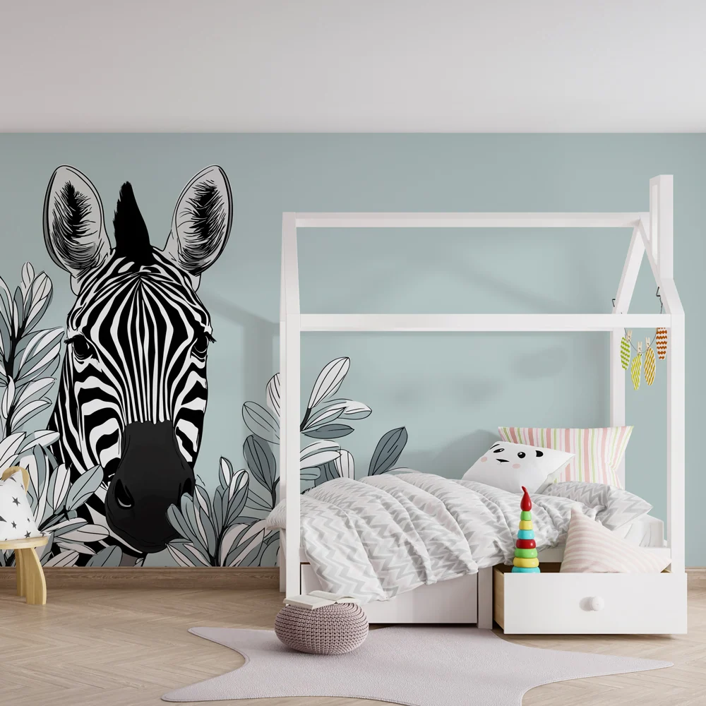 Papel de parede crianç | Cabeç de zebra e folhagem elegante