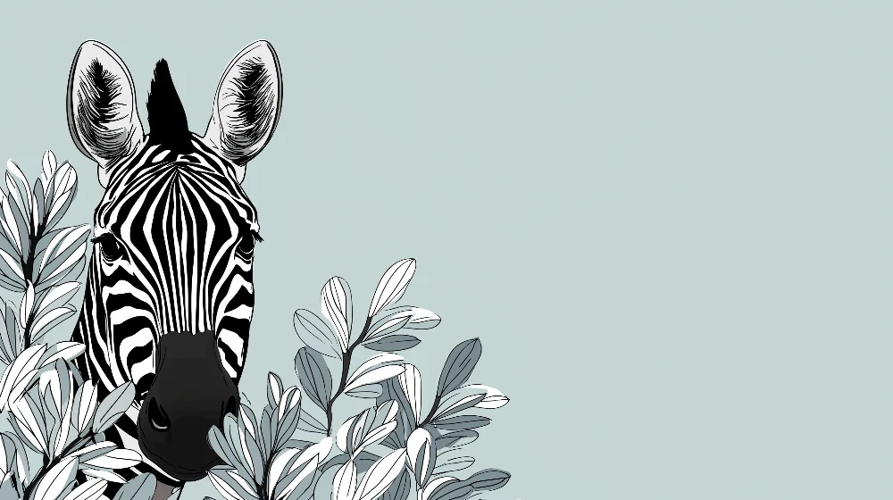 Papel de parede crianç | Cabeç de zebra e folhagem elegante