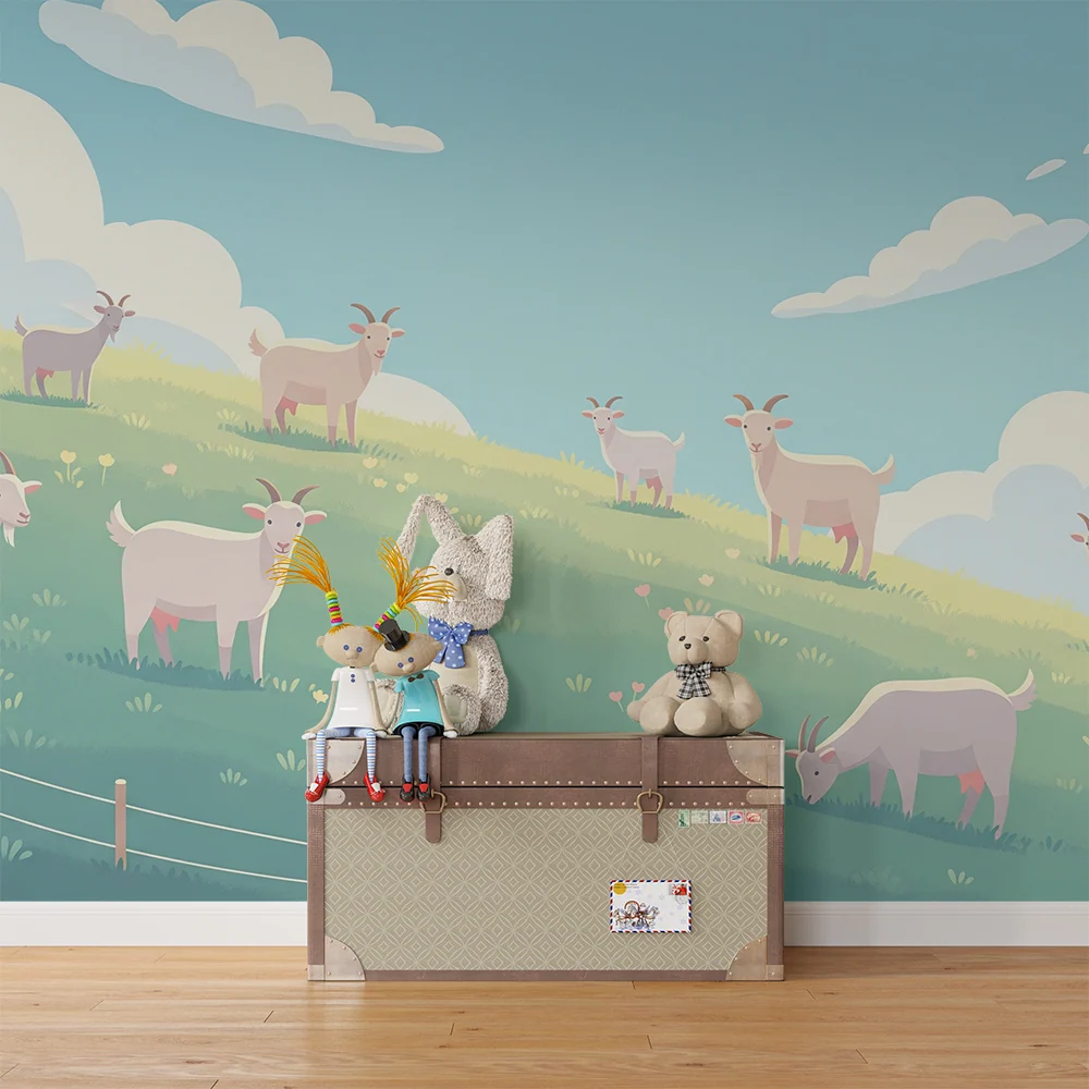 Papel de parede crianç | Cabras felizes em uma colina verdejante