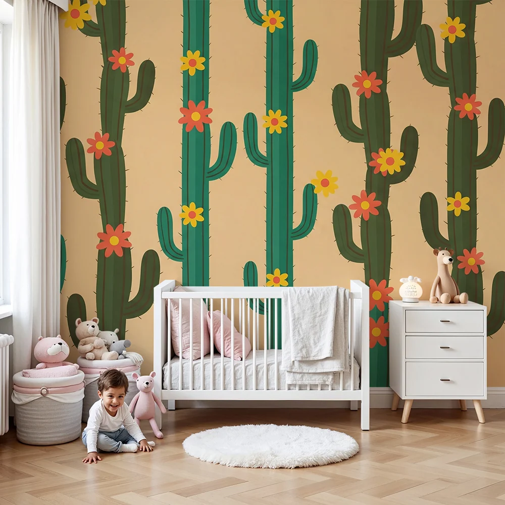Papel de parede crianç | Cactus coloridos com flores em fundo bege