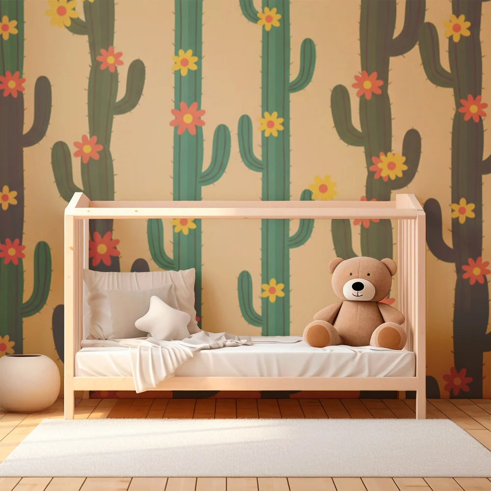 Papel de parede crianç | Cactus coloridos com flores em fundo bege