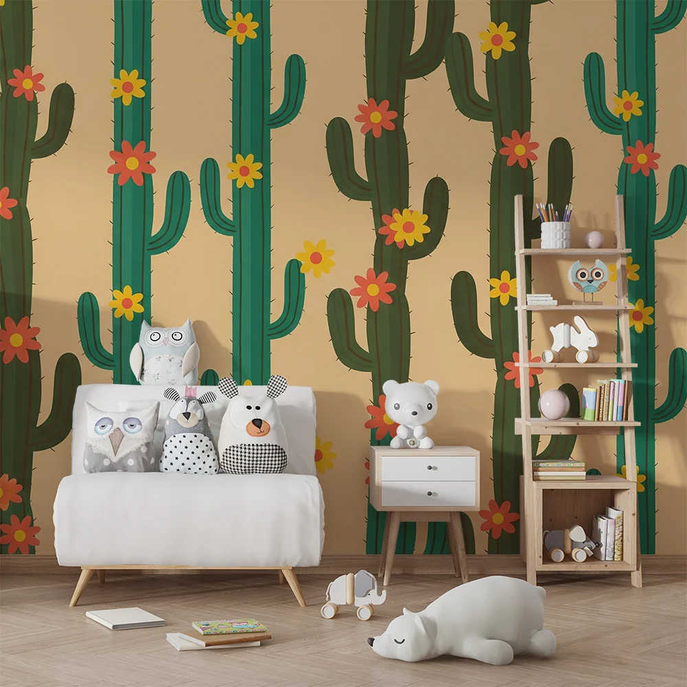 Papel de parede crianç | Cactus coloridos com flores em fundo bege