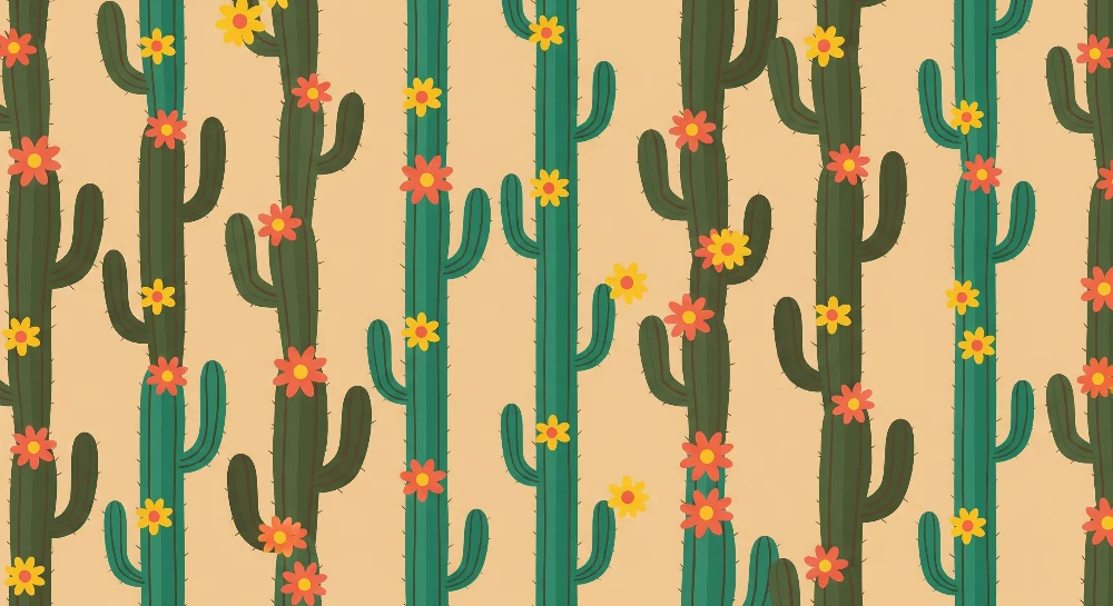 Papel de parede crianç | Cactus coloridos com flores em fundo bege