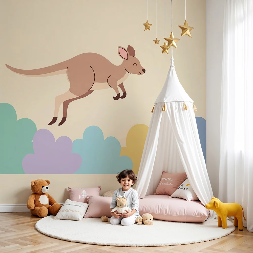 Papel de parede crianç | Canguru feliz pulando entre nuvens coloridas